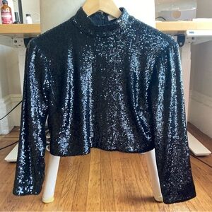 A.L.C. Sequin Crop Top Mock Neck Black Size 2